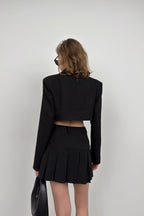 Pleated Skirt Crop Black Jacket Set