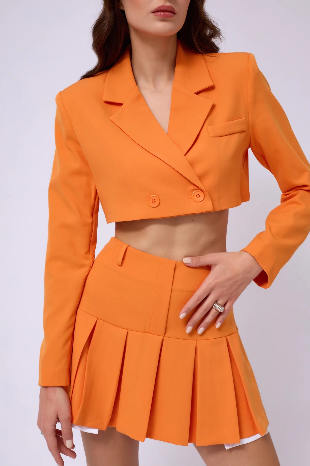 Pleated Skirt Crop Orange Jacket Set