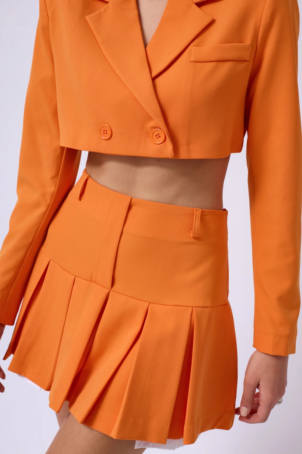 Pleated Skirt Crop Orange Jacket Set