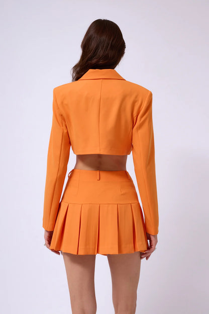 Pleated Skirt Crop Orange Jacket Set