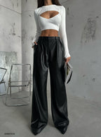 Pleated Wide-Leg Black Leather Pants