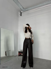 Pleated Wide Leg Brown Leather Trousers