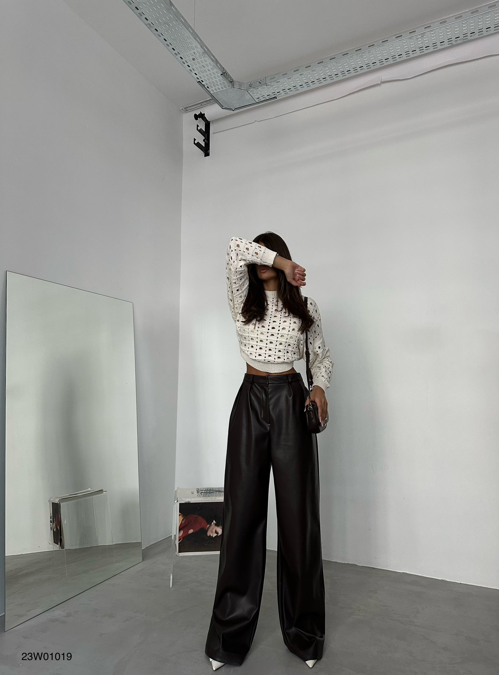 Pleated Wide-Leg Brown Leather Pants