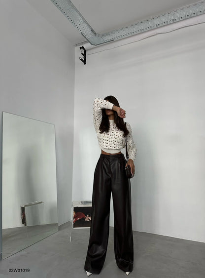 Pleated Wide Leg Black Leather Trousers