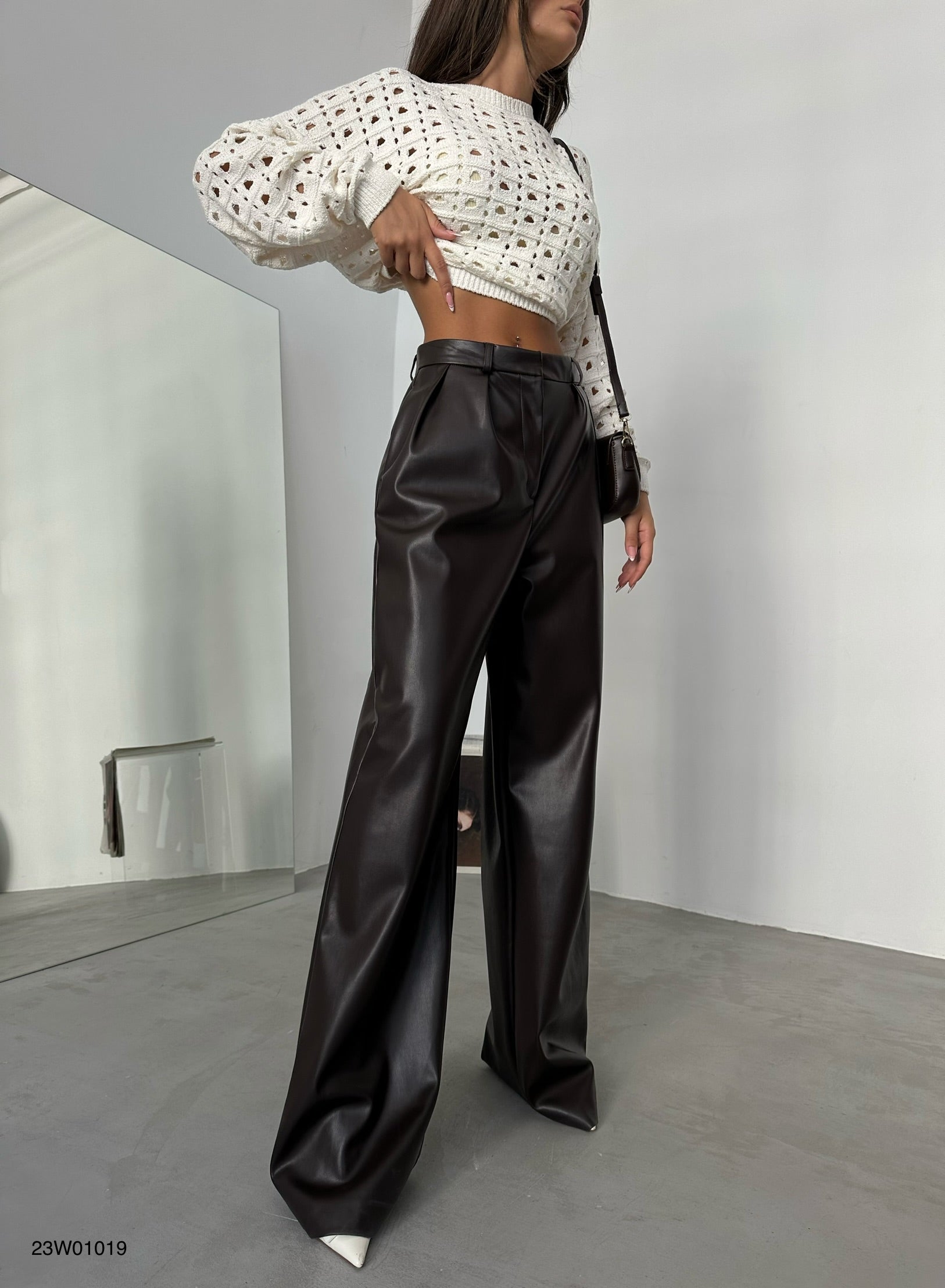 Pleated Wide-Leg Brown Leather Pants
