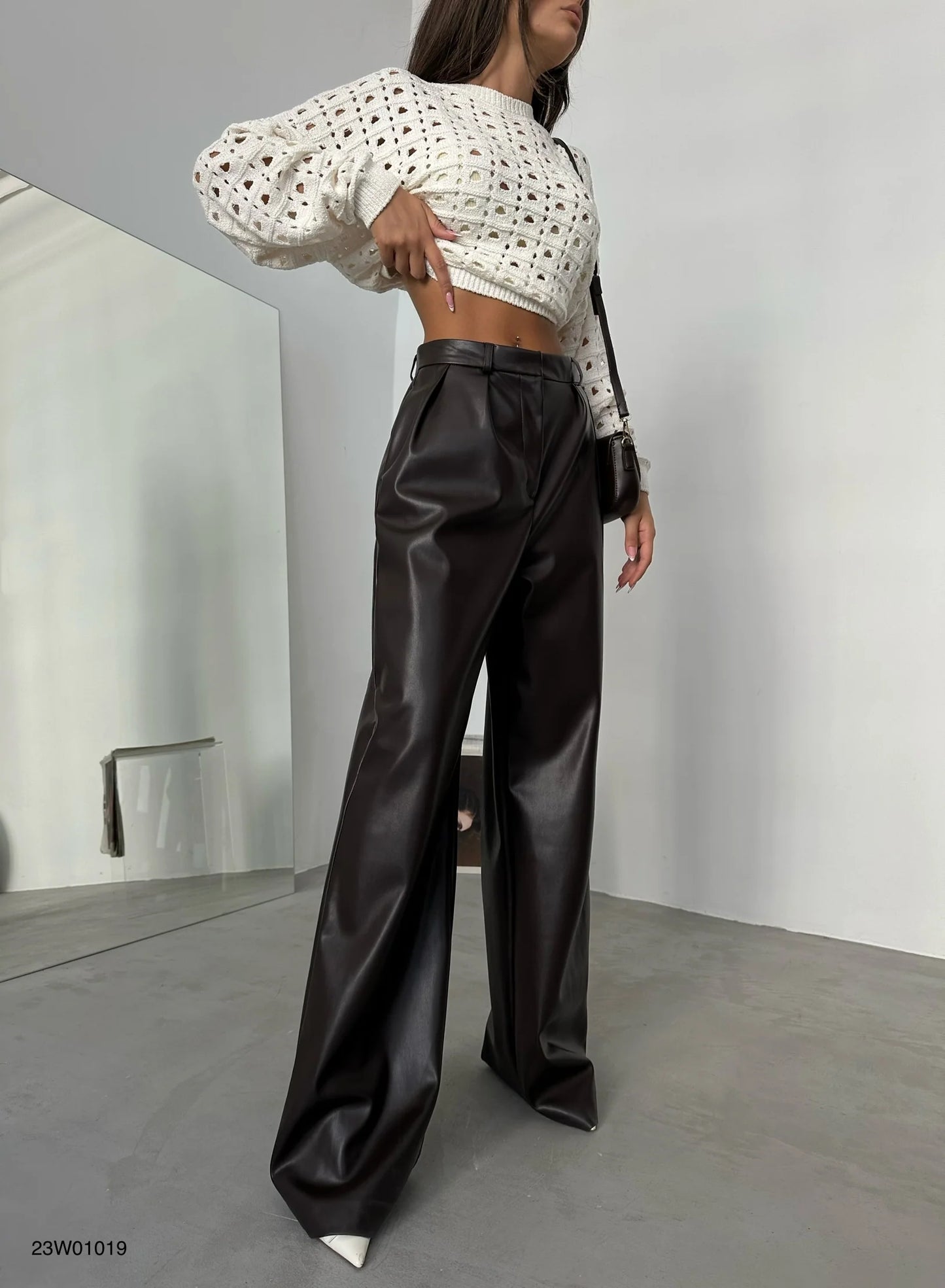 Pleated Wide Leg Black Leather Trousers