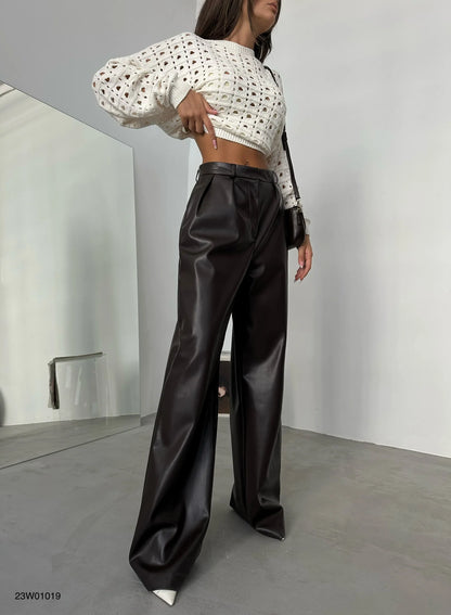 Pleated Wide Leg Black Leather Trousers