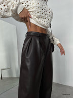 Pleated Wide-Leg Brown Leather Pants