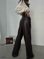 Pleated Wide-Leg Brown Leather Pants