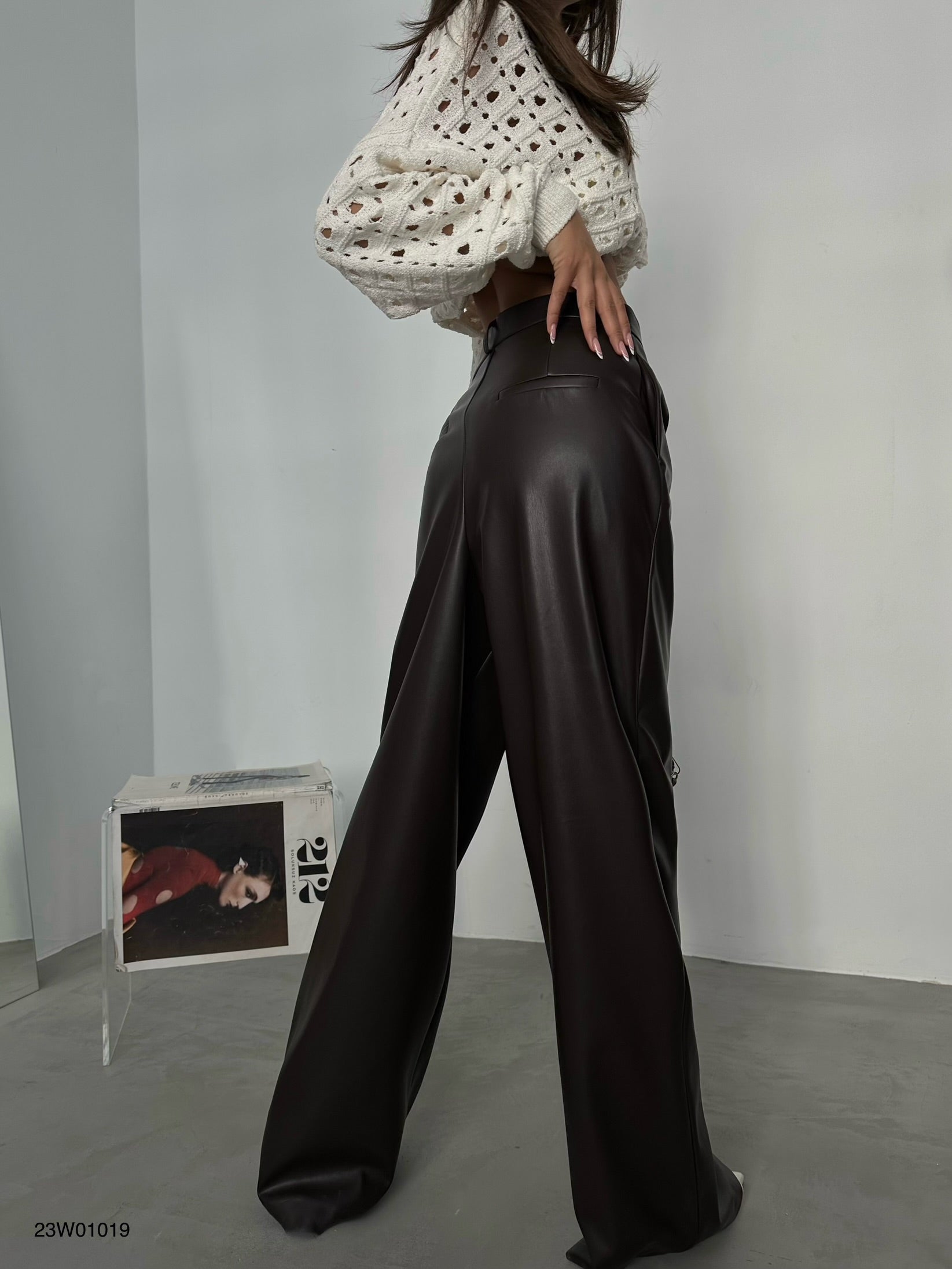 Pleated Wide-Leg Brown Leather Pants