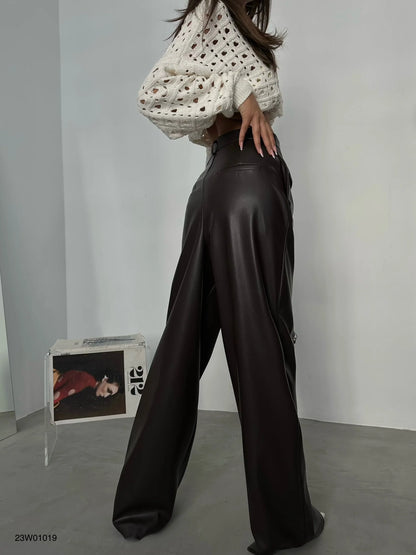 Pleated Wide Leg Black Leather Trousers