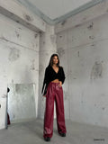 Pleated Wide-Leg Burgundy Leather Pants