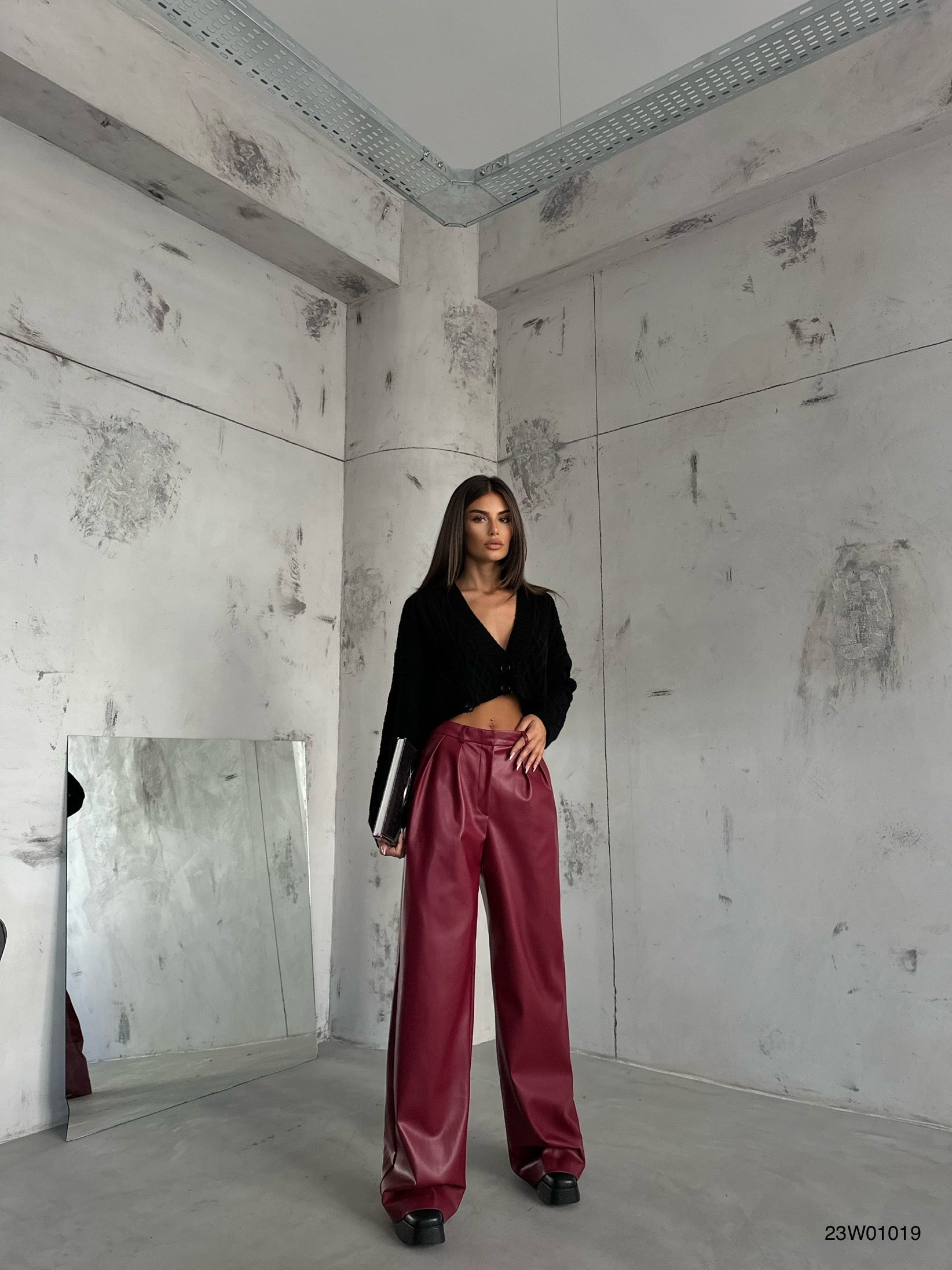 Pleated Wide-Leg Burgundy Leather Pants