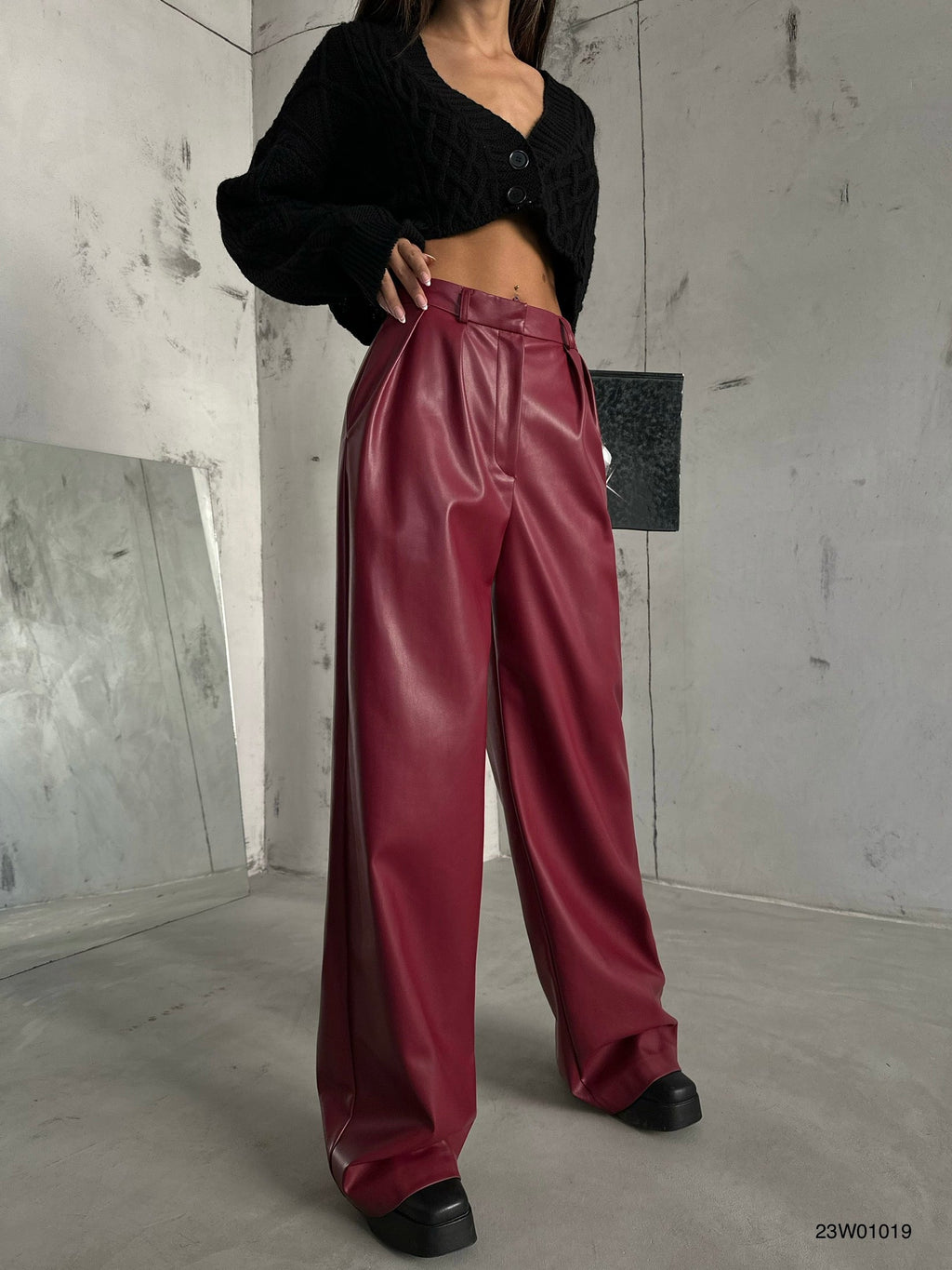 Pleated Wide-Leg Burgundy Leather Pants