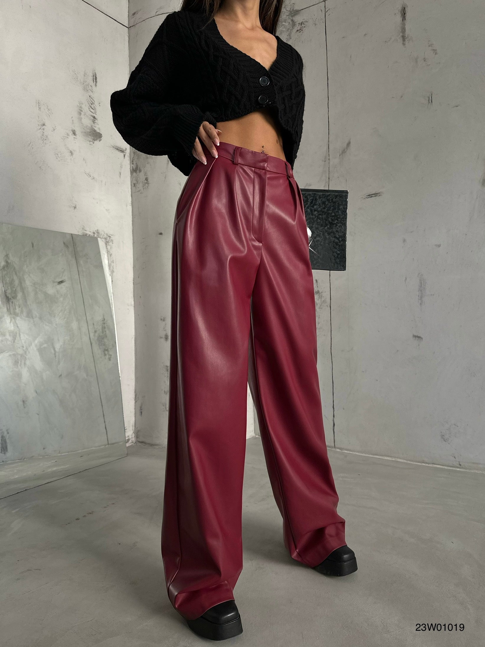 Pleated Wide-Leg Burgundy Leather Pants
