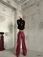 Pleated Wide-Leg Burgundy Leather Pants