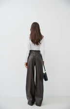 Pleated Wide-Leg Brown Leather Pants