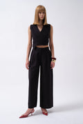 Pleated Wide Leg Linen Black Pants