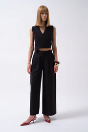Pleated Wide-Leg Linen Black Trousers