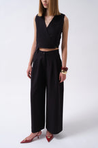 Pleated Wide Leg Linen Black Pants