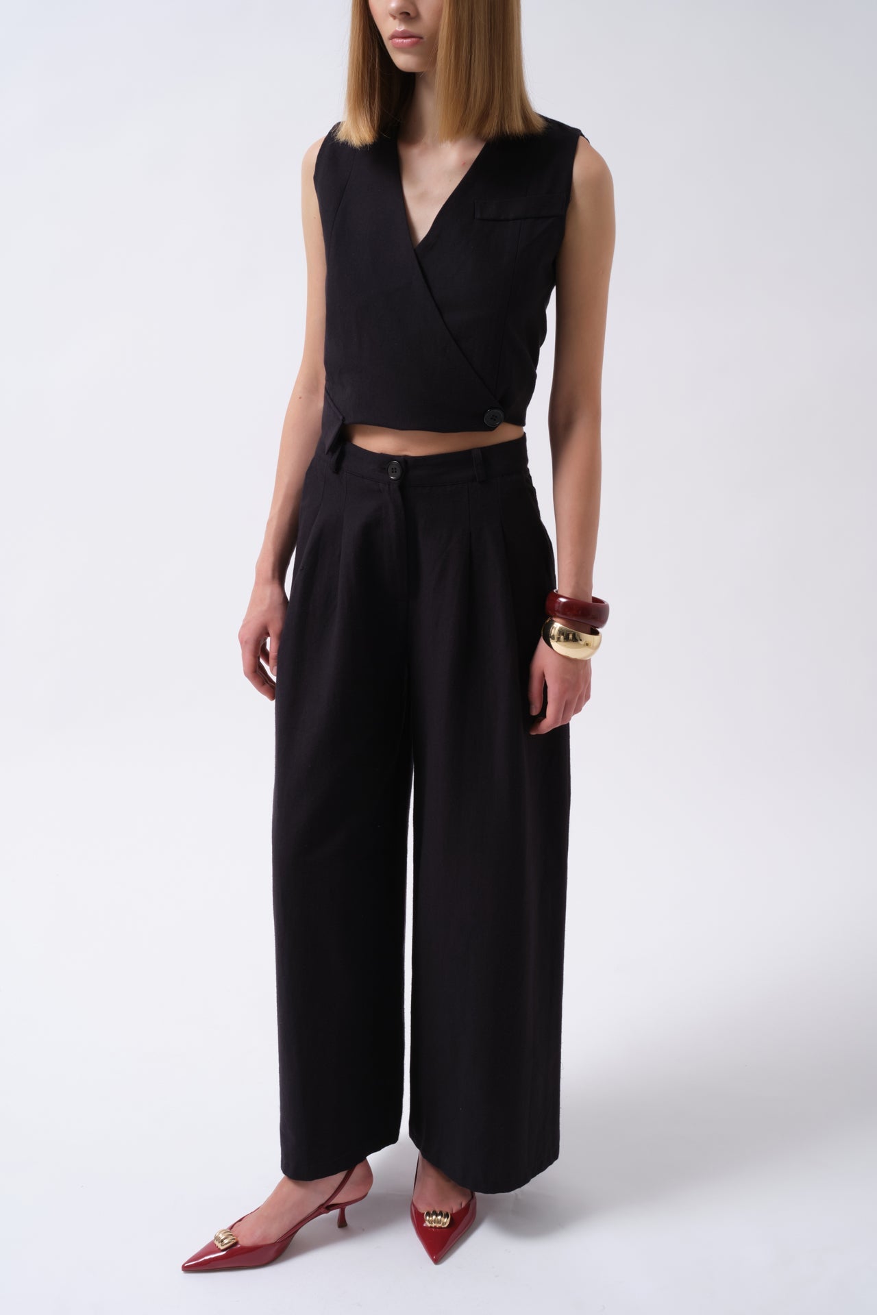 Pleated Wide Leg Linen Black Pants