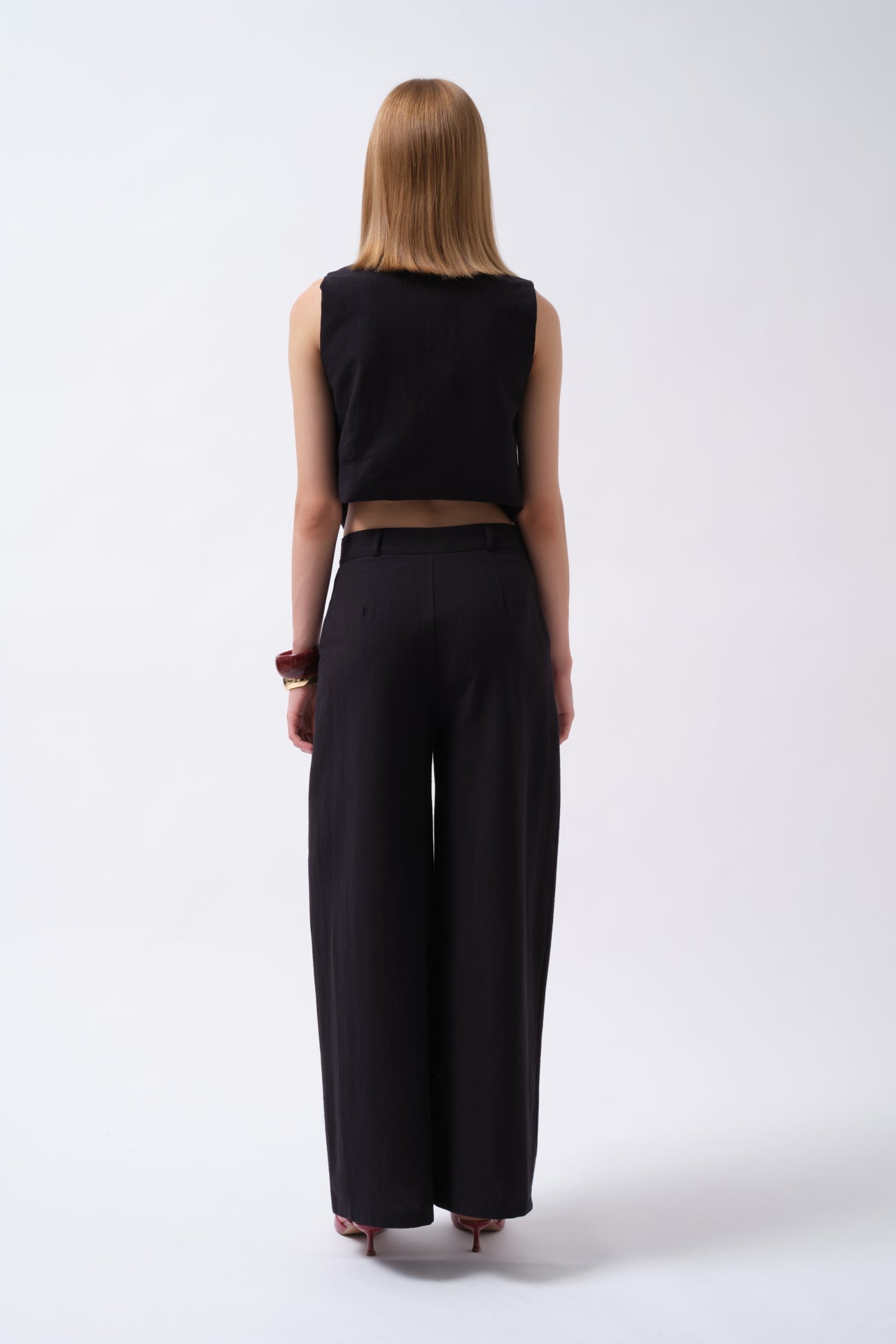 Pleated Wide Leg Linen Black Pants