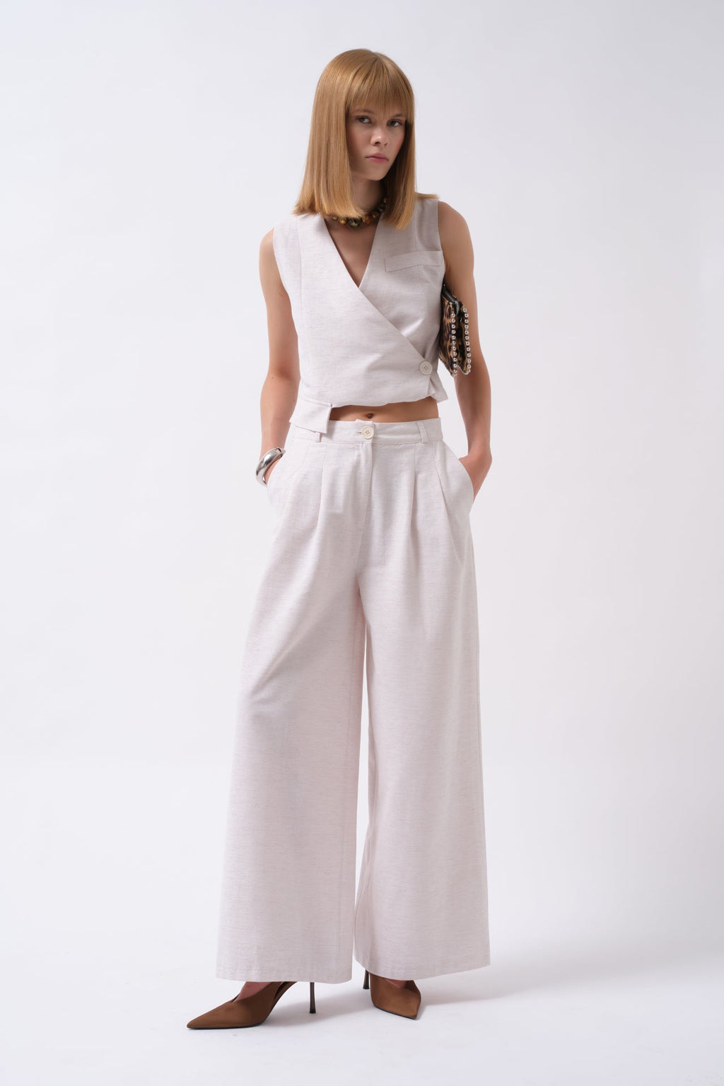 Pleated Wide Leg Linen Gray Pants