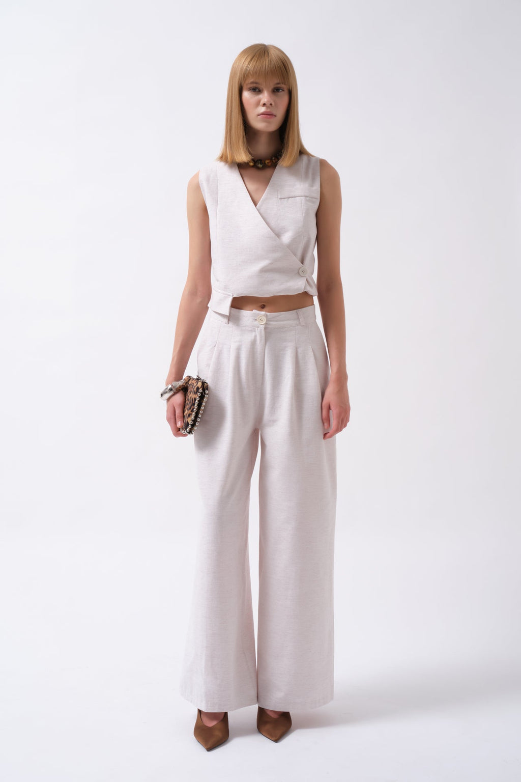 Pleated Wide Leg Linen Gray Pants