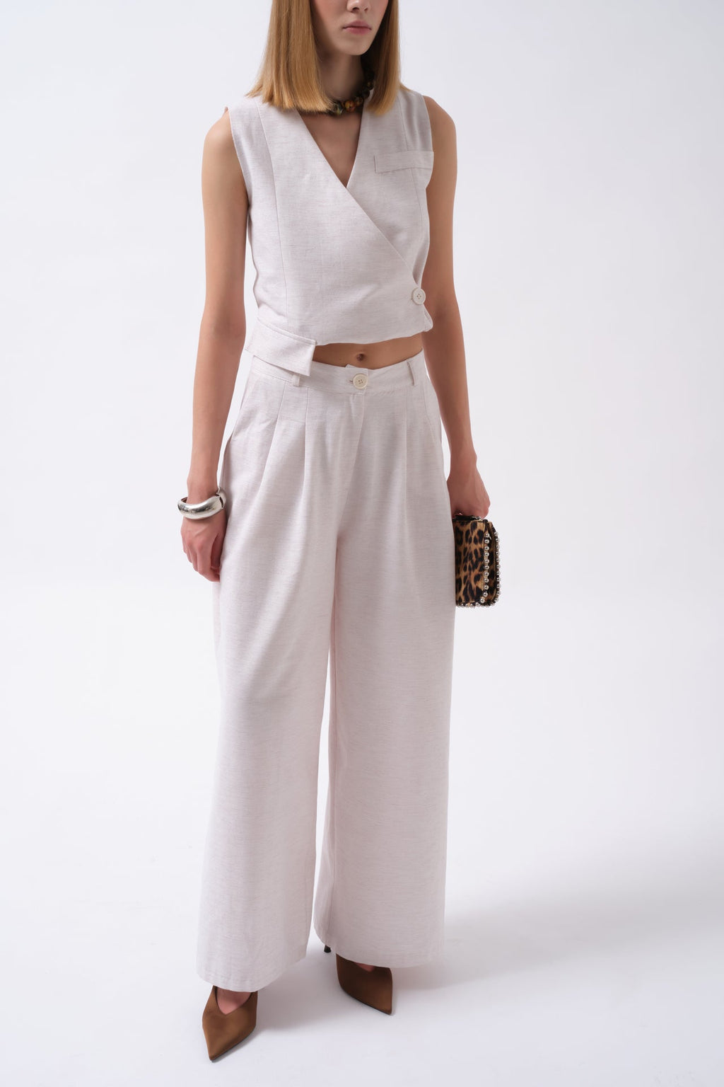 Pleated Wide Leg Linen Gray Pants
