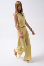Pleated Wide Leg Linen Yellow Pants