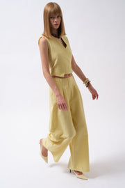 Pleated Wide-Leg Linen Yellow Trousers