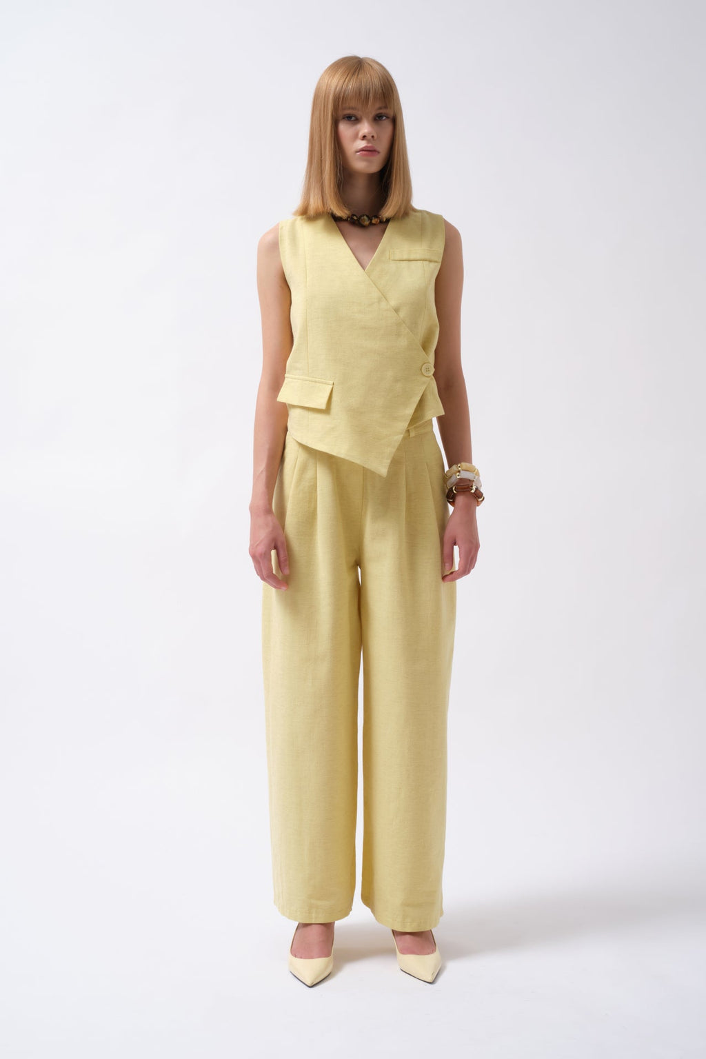 Pleated Wide Leg Linen Yellow Pants