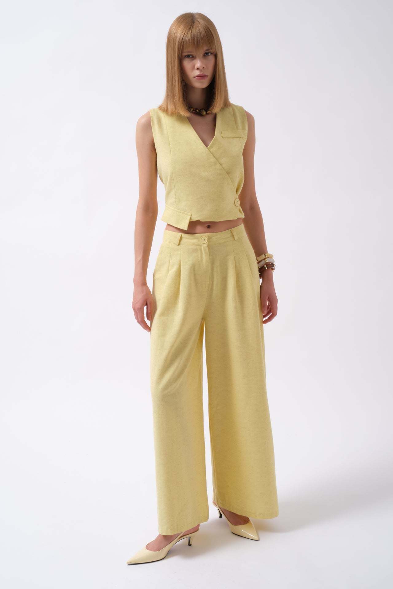 Pleated Wide Leg Linen Yellow Pants