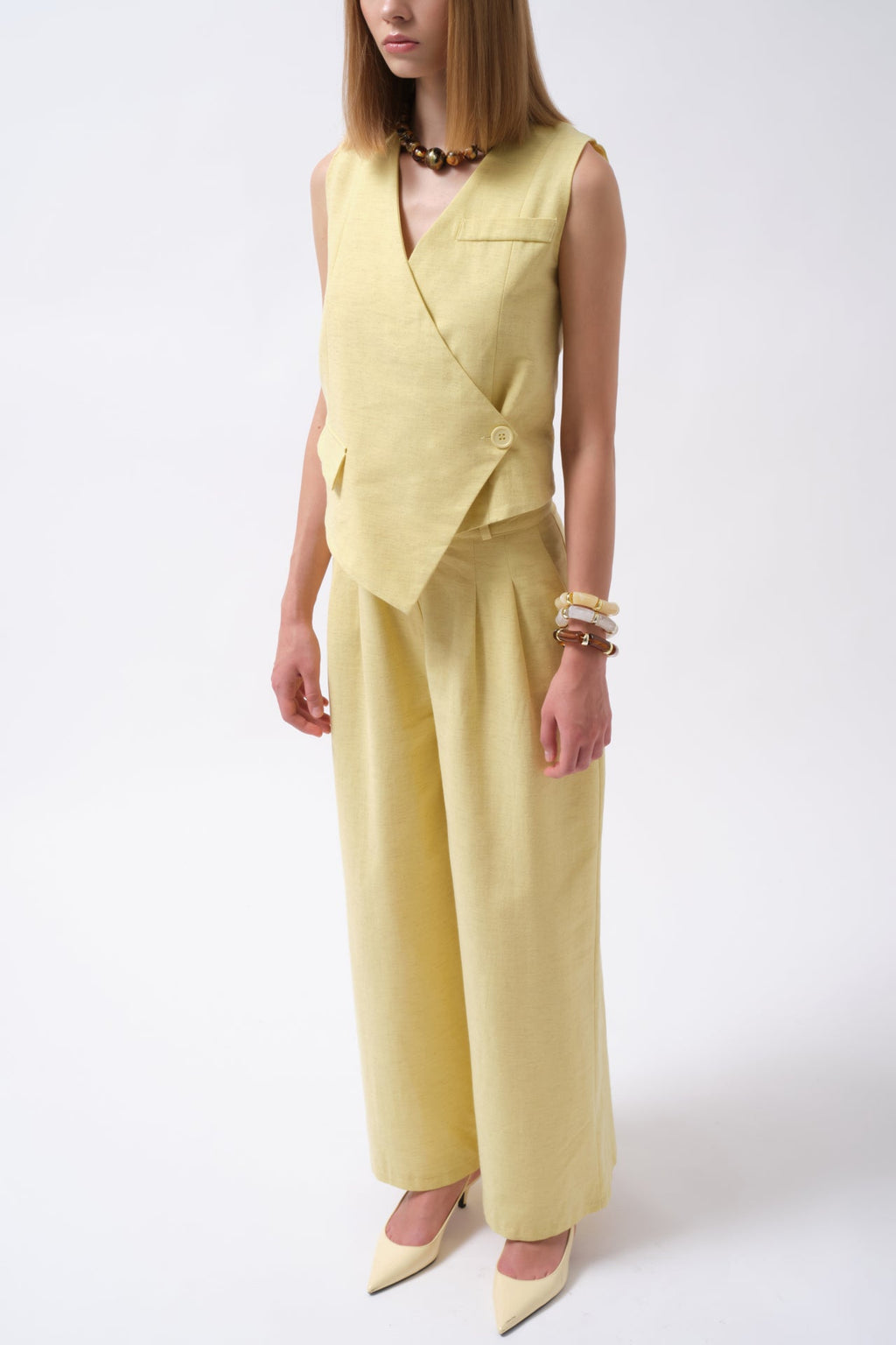 Pleated Wide Leg Linen Yellow Pants