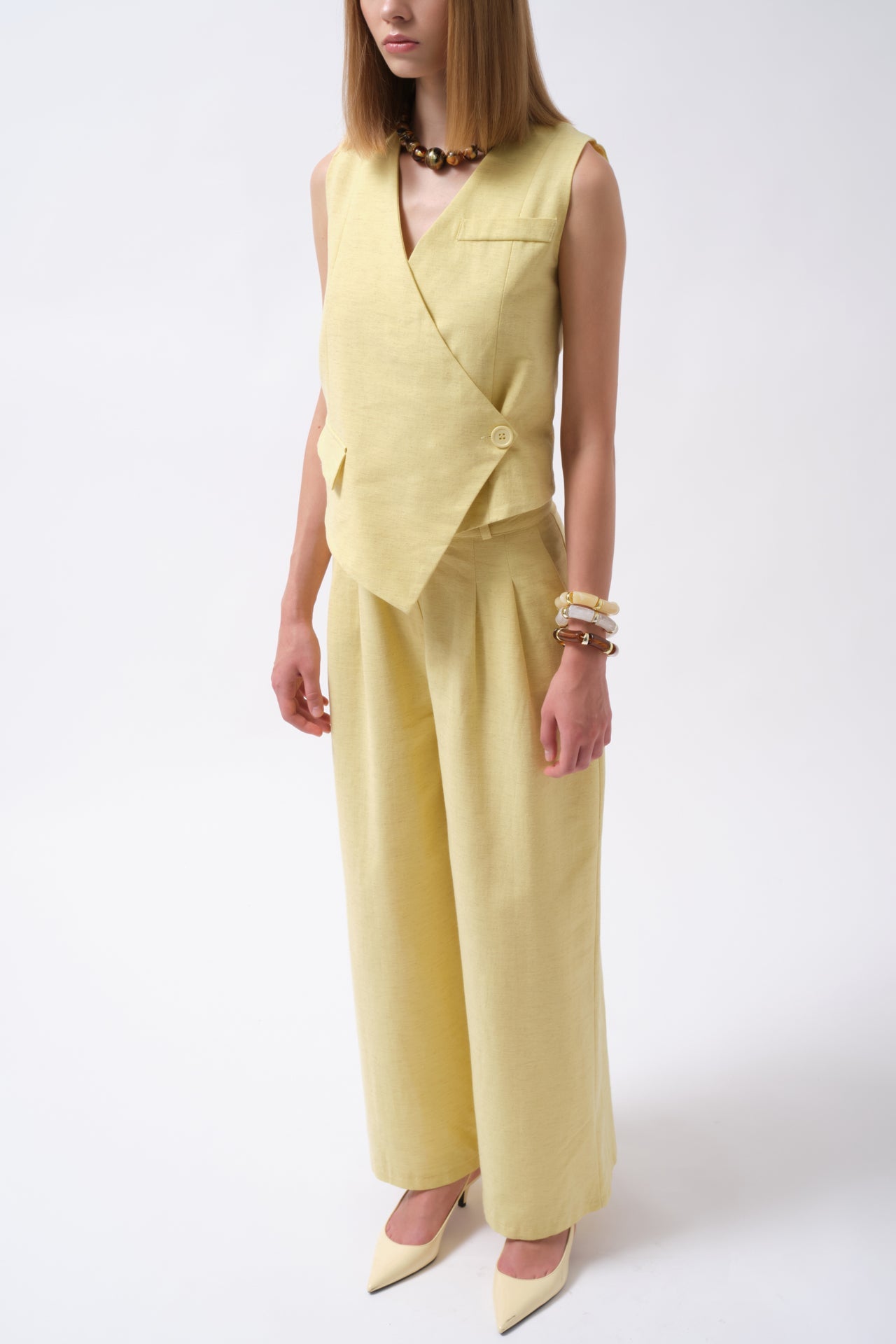 Pleated Wide Leg Linen Yellow Pants