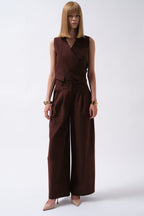 Pleated Wide Leg Linen Brown Pants