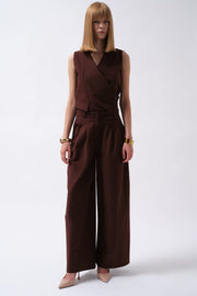 Pleated Wide-Leg Linen Brown Trousers