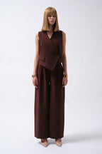 Pleated Wide Leg Linen Brown Pants