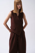 Pleated Wide Leg Linen Brown Pants