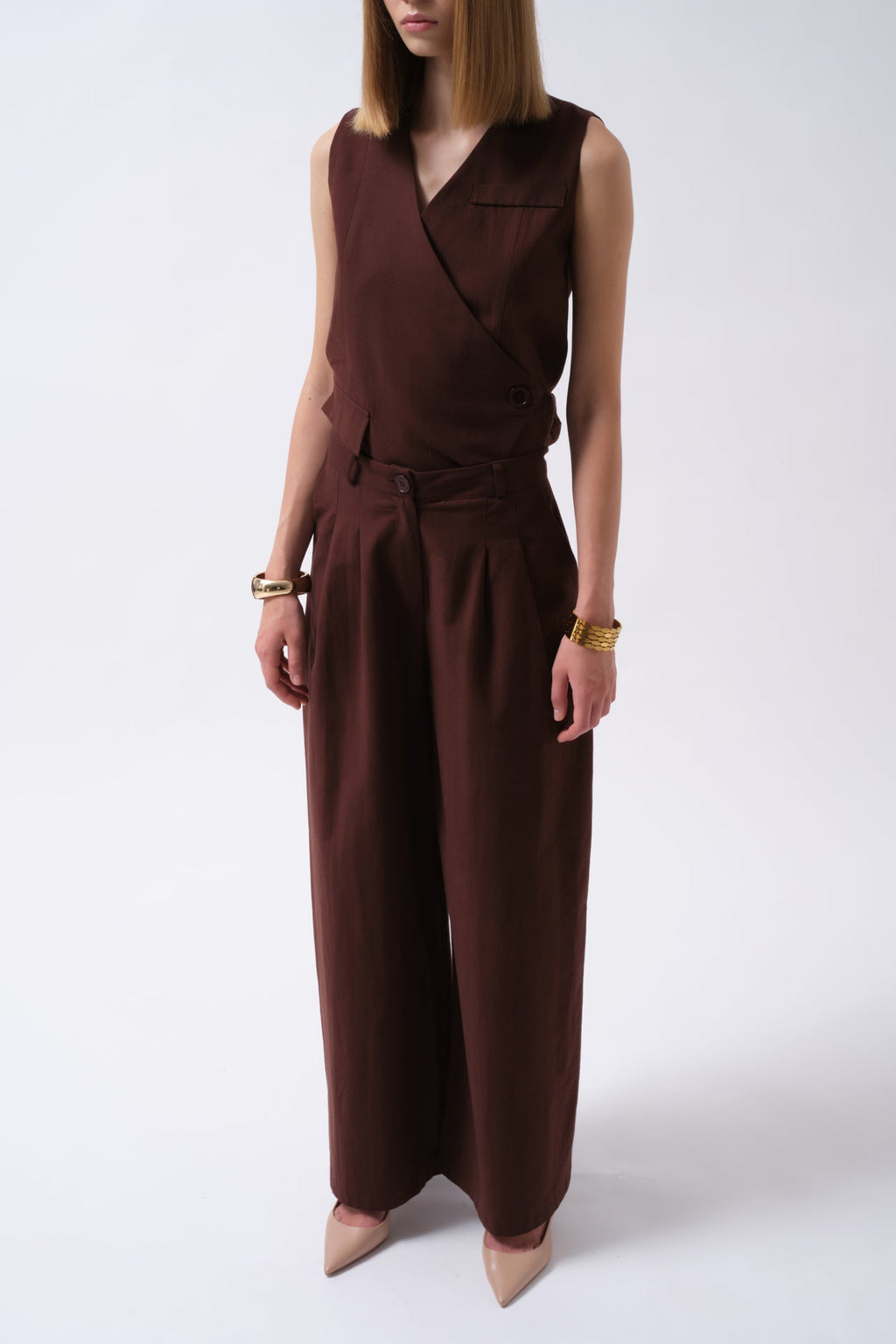 Pleated Wide Leg Linen Brown Pants