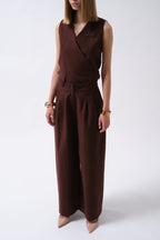 Pleated Wide Leg Linen Brown Pants