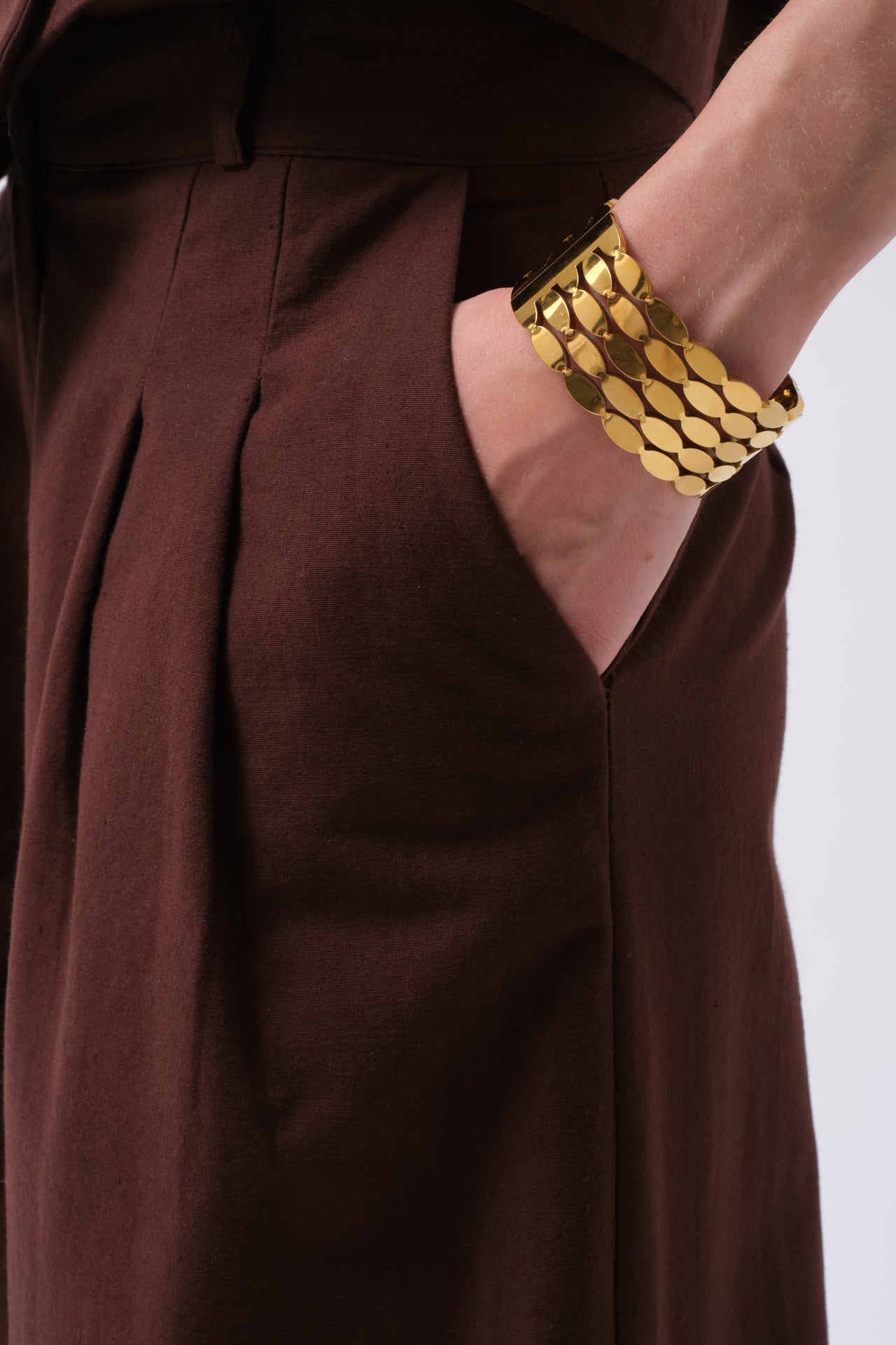 Pleated Wide Leg Linen Brown Pants