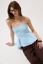 Pleated Strapless Baby Blue Blouse