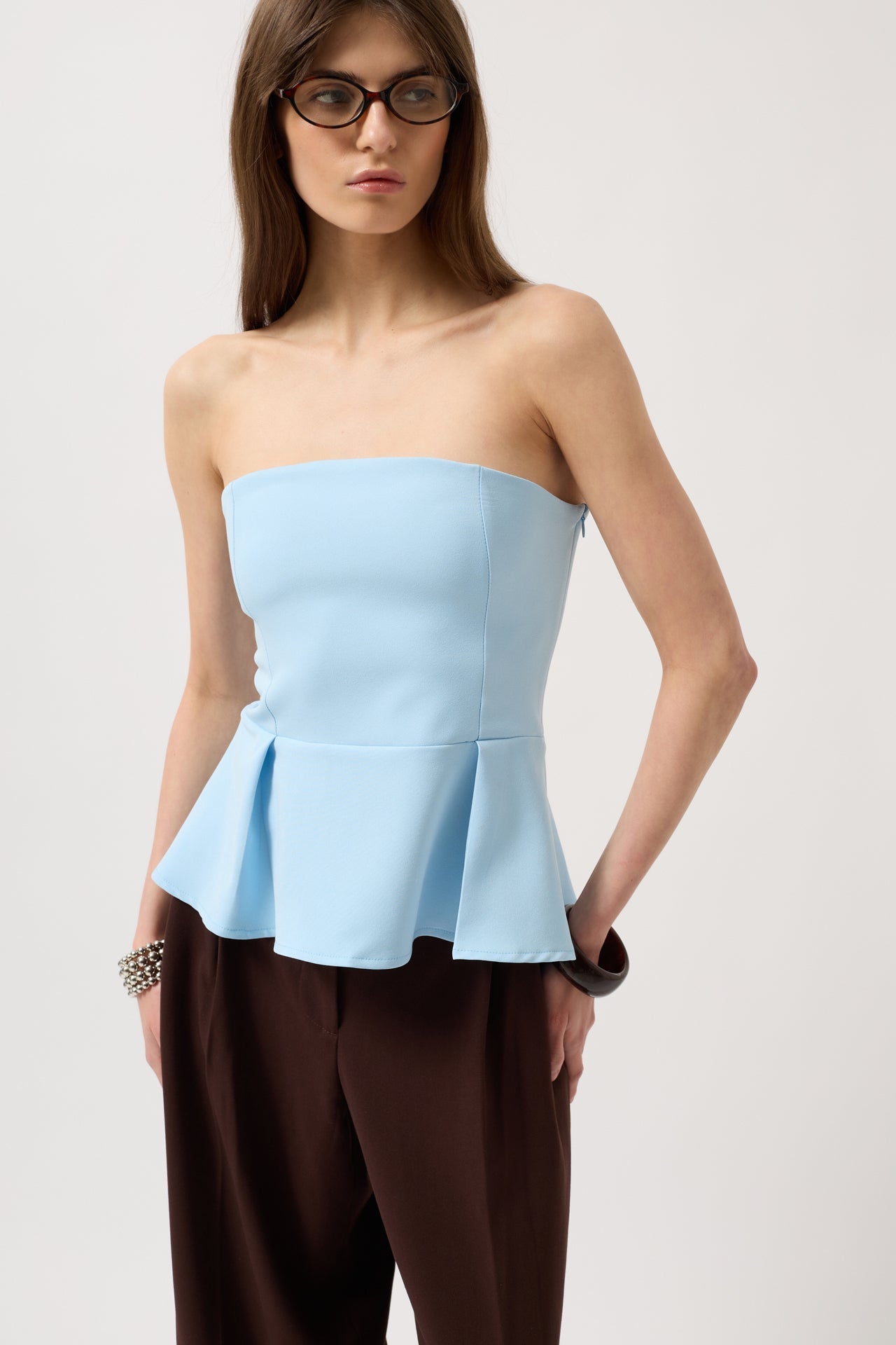 Pleated Strapless Baby Blue Blouse