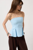 Pleated Strapless Baby Blue Blouse