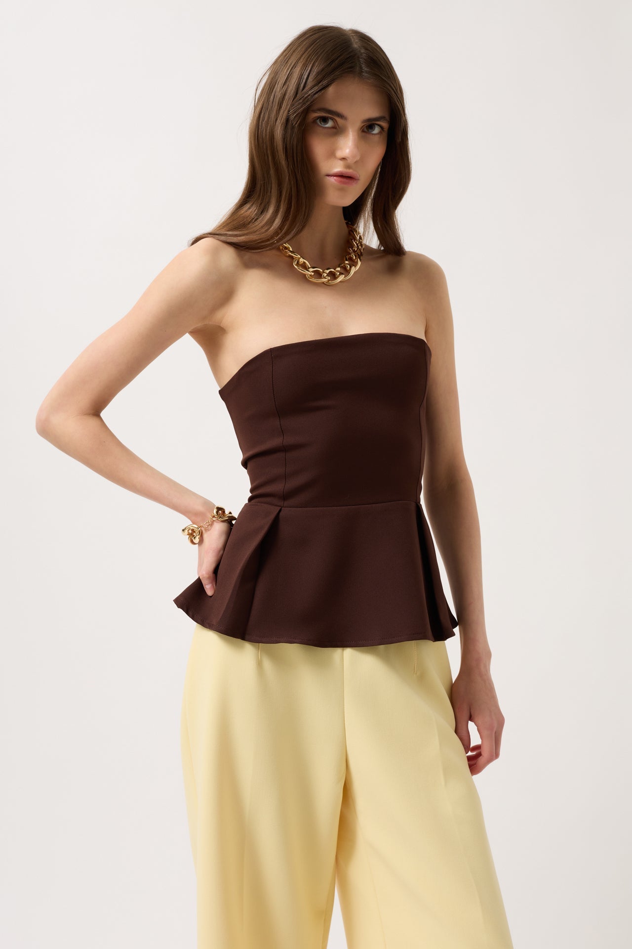 Pleated Strapless Brown Blouse