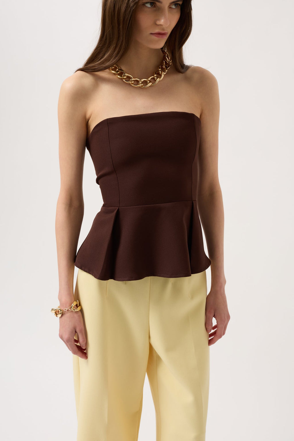 Pleated Strapless Brown Blouse