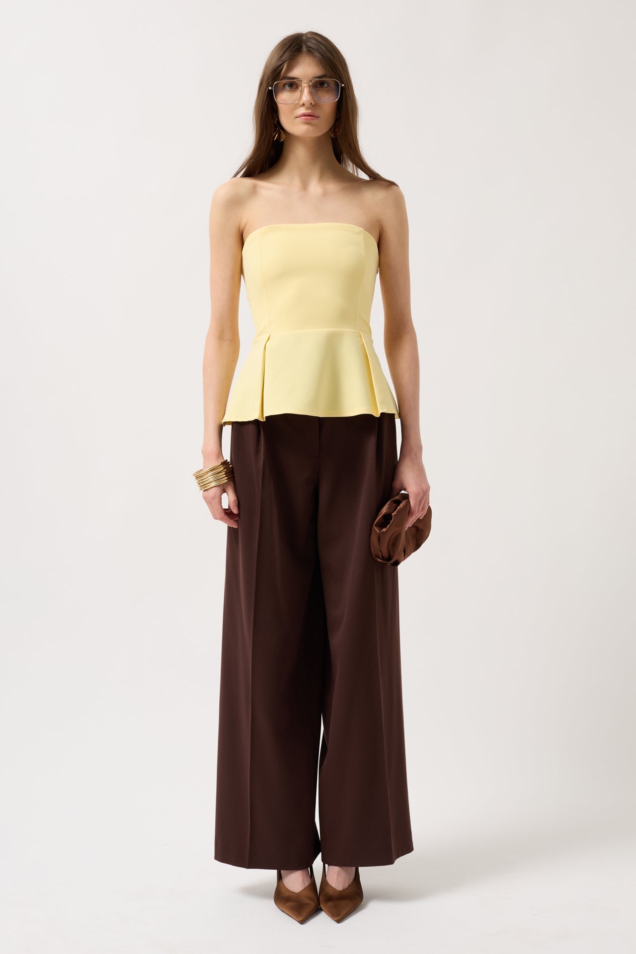 Pleated Strapless Yellow Blouse