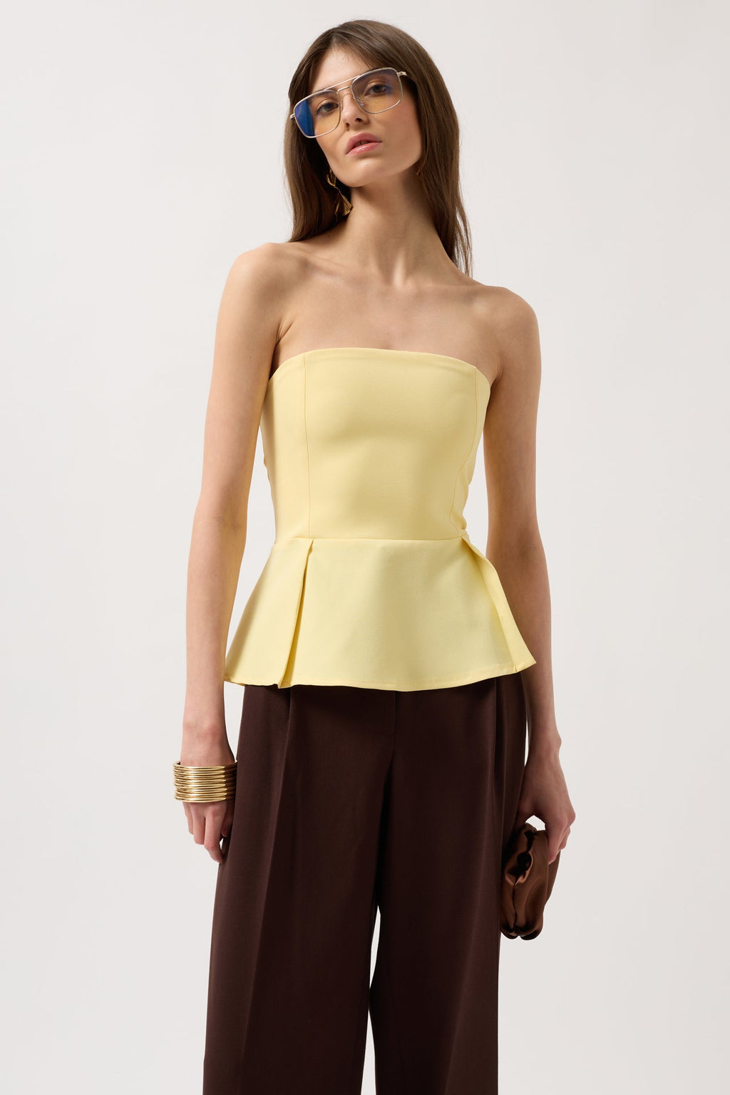 Pleated Strapless Yellow Blouse