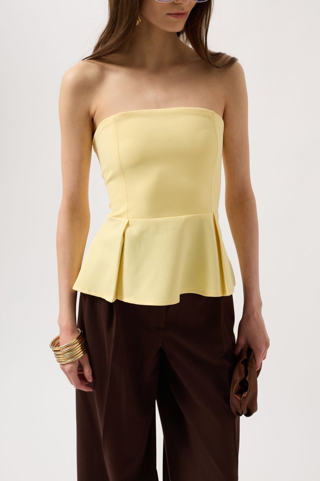 Pleated Strapless Yellow Blouse
